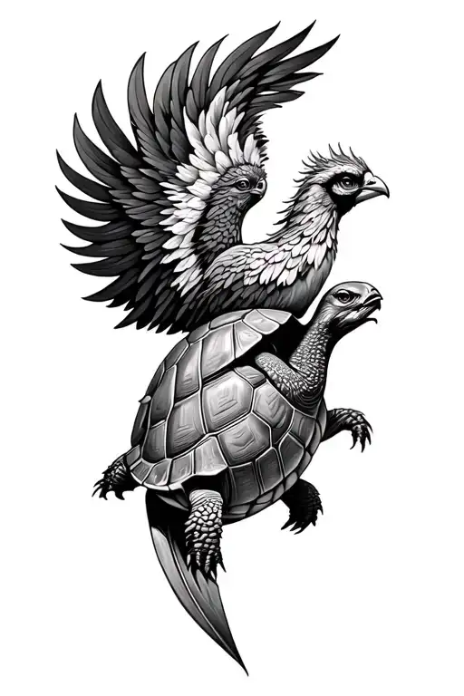Tortoise with a pheonix on its shell merging tattoo design idea