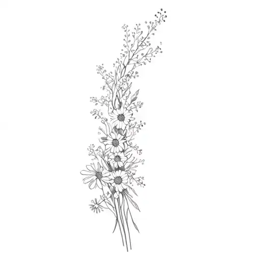 Dainty floral spine tatto with baby's breath, daisies, and more tattoo design idea