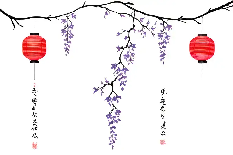 Red Chinese lamterns hanging on two strings (different shapes) inbetween the laterns is wisteria tattoo design idea