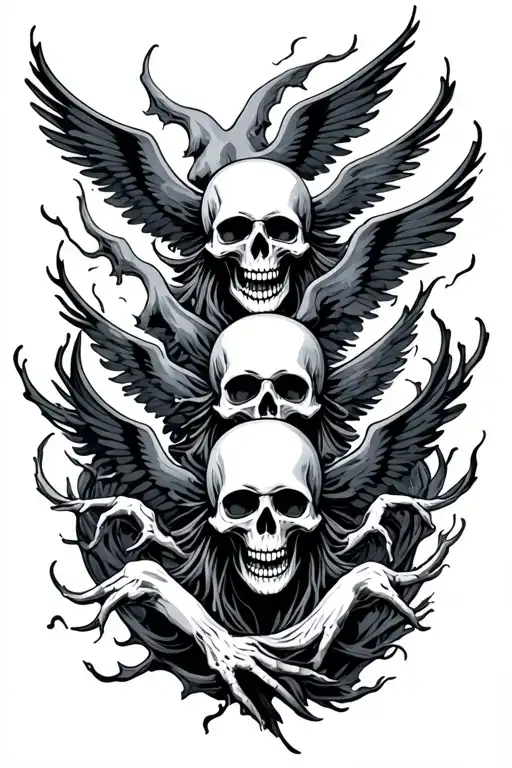 skulls and ghosts flying tattoo design idea