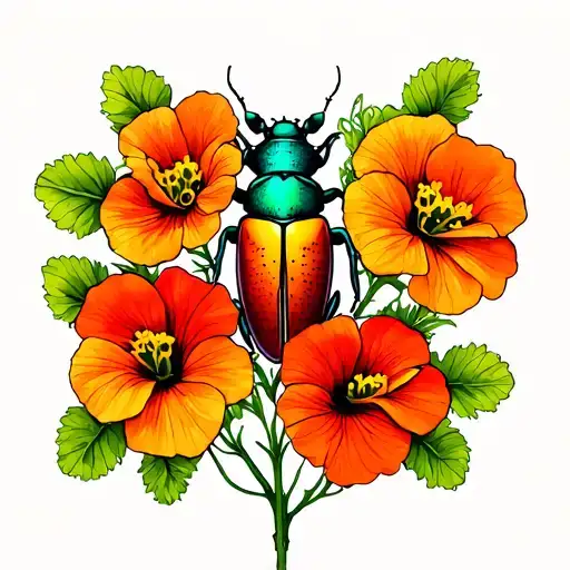 Multiple nasturtiums and a Christmas Beetle at the front, as the focal point.  tattoo design idea