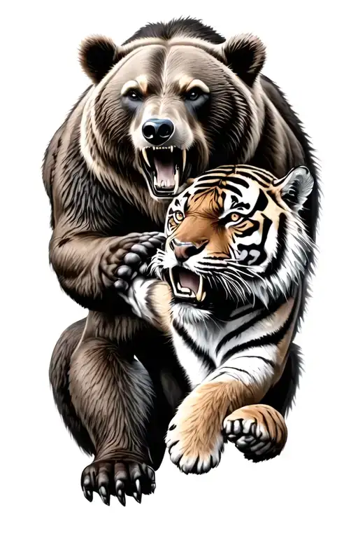 "Men's realistic black and gray tattoo of a ferocious brown bear fighting a Bengal tiger. Intense focus on the o tattoo design idea