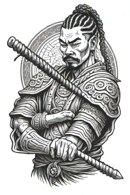 African American samurai with short cornrows, and goatte and mustache, holding a sword  tattoo design idea