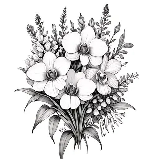 Orchid,tulip,daisy, lupine and wildflowers  arrangement tattoo design idea