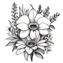 Orchid,tulip,daisy, lupine and wildflowers  arrangement tattoo design idea