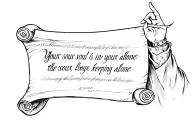 King Baldwin IV with the hand rised and a scroll paper with the text "your soul is in your keeping alone" tattoo design idea