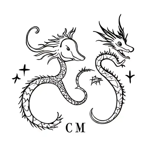 I want a line style tattoo that incorporates an elephant, dragon(s), and my kids initials - C and M tattoo design idea