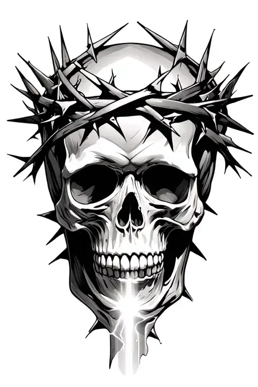 skull with crown of thorns wrapped with light shinning down on it tattoo design idea
