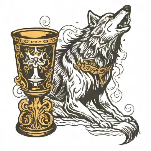"A fierce wolf stands with its head held high as a mysterious chalice tilts above, spilling liquid down its back. Surrou tattoo design idea