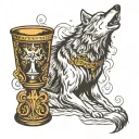 "A fierce wolf stands with its head held high as a mysterious chalice tilts above, spilling liquid down its back. Surrou tattoo design idea