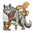 "A fierce wolf stands with its head held high as a mysterious chalice tilts above, spilling liquid down its back. Surrou tattoo design idea