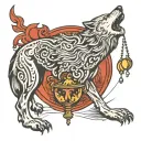 "A fierce wolf stands with its head held high as a mysterious chalice tilts above, spilling liquid down its back. Surrou tattoo design idea