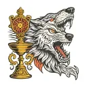 "A fierce wolf stands with its head held high as a mysterious chalice tilts above, spilling liquid down its back. Surrou tattoo design idea