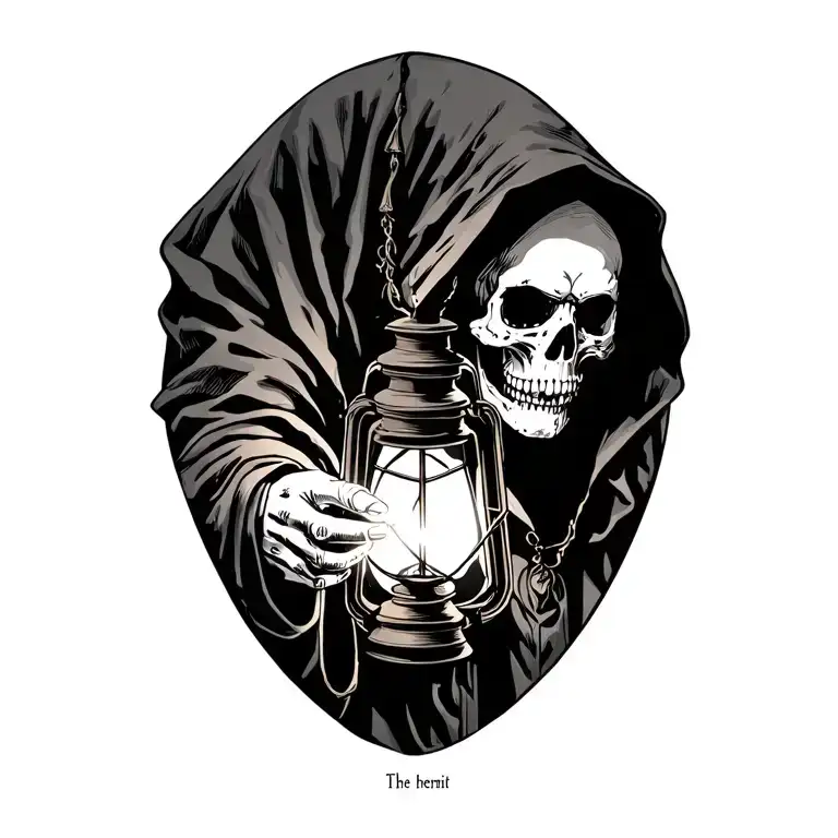 The hermit tarot walking sideways in darkness holding a lantern thats emitting light. Skull face cloaked in hood tattoo design idea
