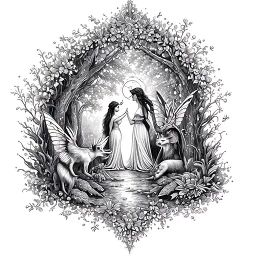 A whimsical tattoo design of a fairy tale scene with Loreana and mystical creatures, rendered in dotwork for a unique look tattoo design idea