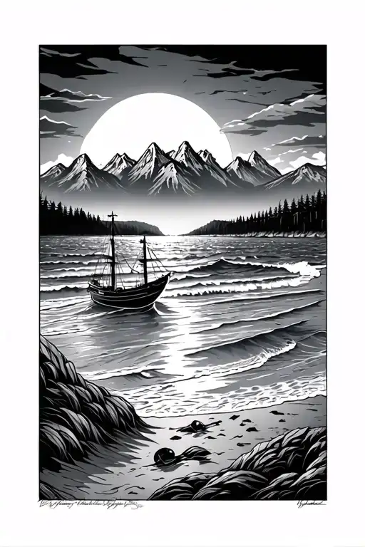 nautical beach theme arm sleeve with vermont mountains in the background  tattoo design idea