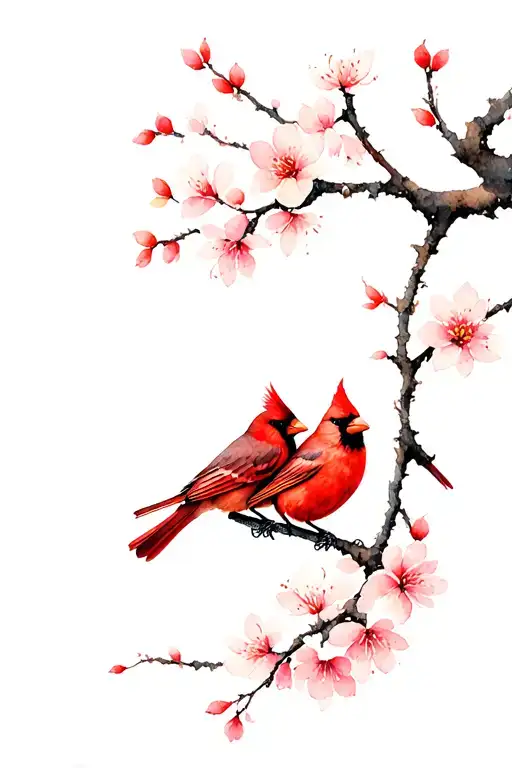 Tattoo design of two cardinals perched on a single akebono cherry blossom branch, facing each other in an intimate pose tattoo design idea