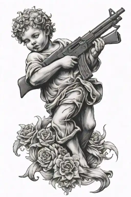 Cherub tattooed with AK 47 bullet rifle tattoo design idea