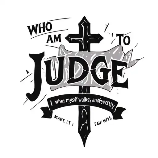 Create an image of a tattoo that says who am I to judge when I myself walks imperfectly and make it with crosses andhand tattoo design idea