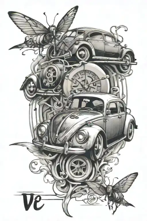 vw beetle, diamond, bruce lee's quote ' be water my friend', and something to symbolize my passion to succeed and travel tattoo design idea