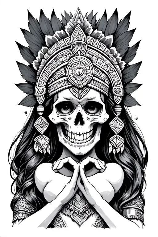 Aztec skull princess holding mens hearts tattoo design idea