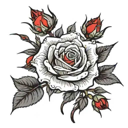 several branches of roses with thorns, long shape, black color of stem, red buds, eyeball in buds tattoo design idea