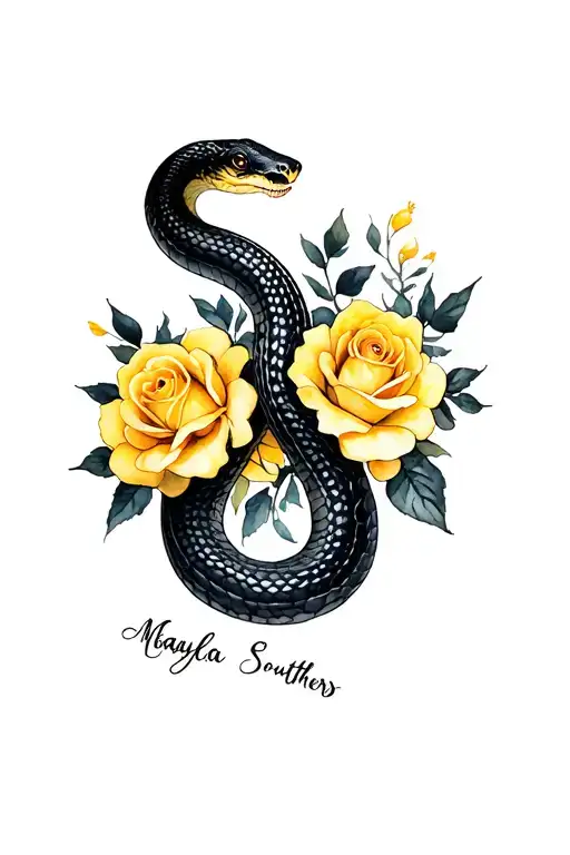 A black snake with yellow and black roses intertwined. On the snake, the name Makayla Southers is written in cursive. tattoo design idea