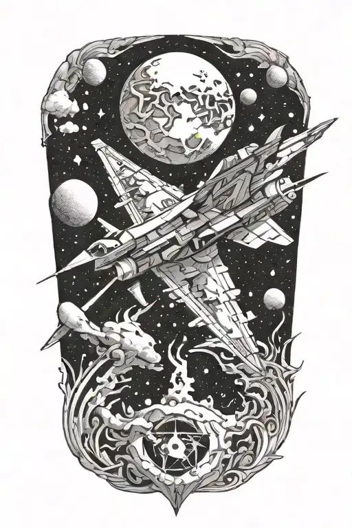  a fighter jet going outside of earth into cosmic tattoo design idea