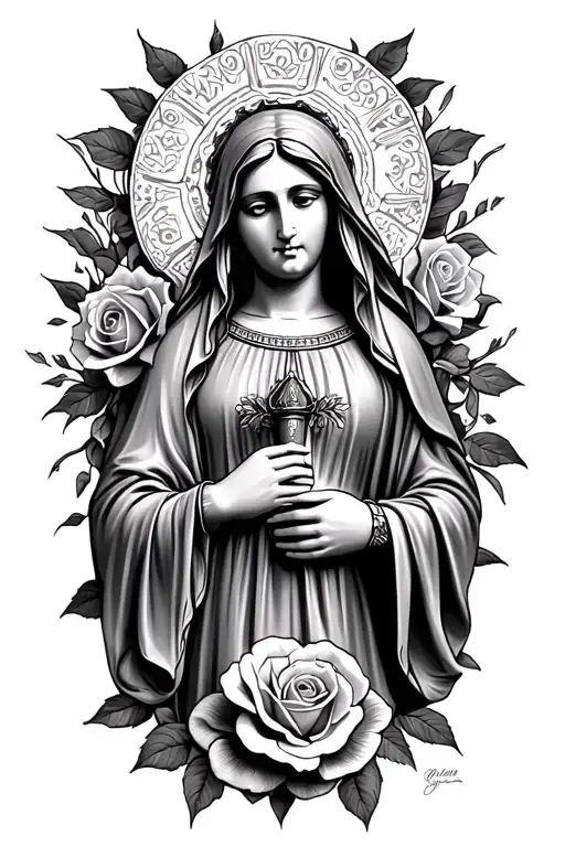 VIRGIN MARY AND ROSES CHICANO tattoo design idea