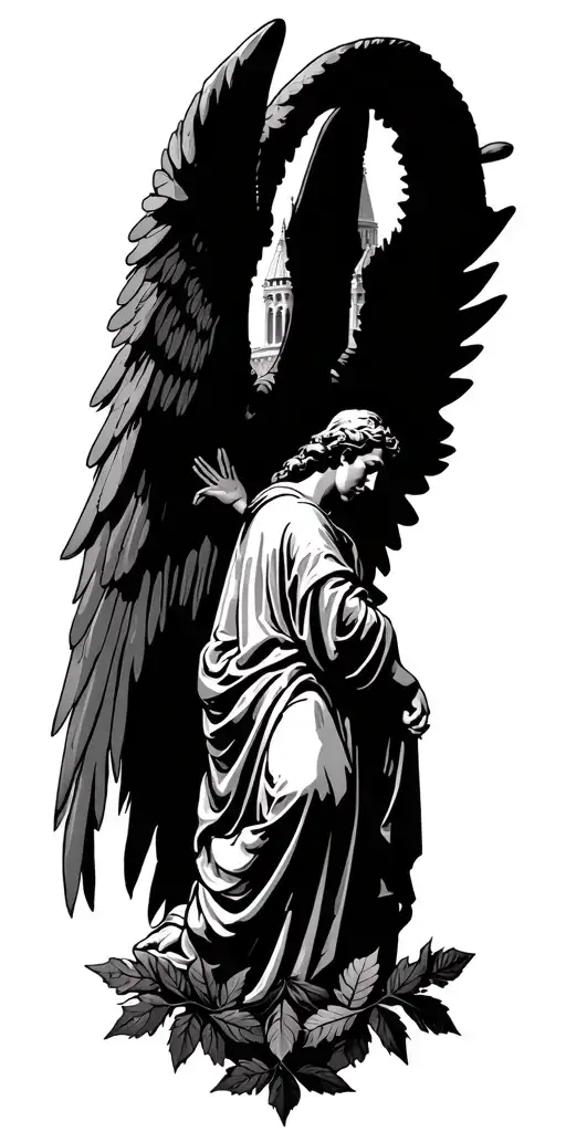 an catholic arch angel with the cathedral in the background and ancient Roman leafs around the elbow to separate  tattoo design idea