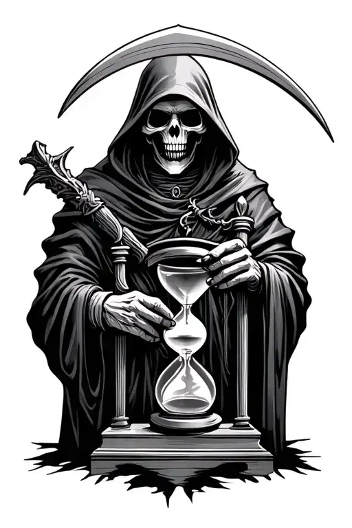 Grim Reaper holding an hourglass behind a scythe tattoo design idea