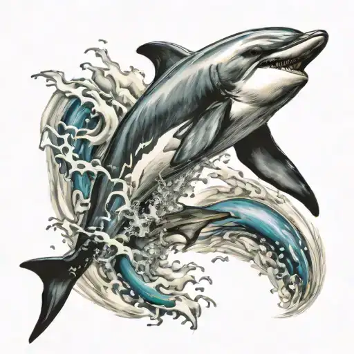 DOLPHIN SURFING OVER SHARKS tattoo design idea