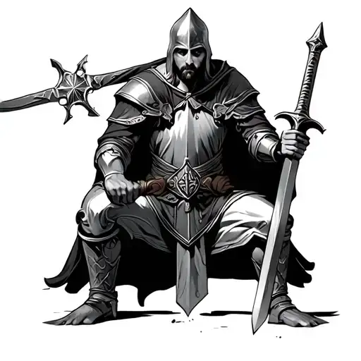 Templar kneeling and holding his sword in his hands tattoo design idea