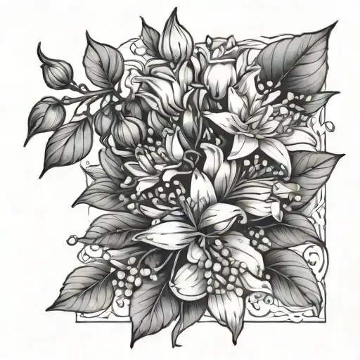 lily of the valley and water lily and rose and honeysuckle bouquet of flowers tattoo design idea