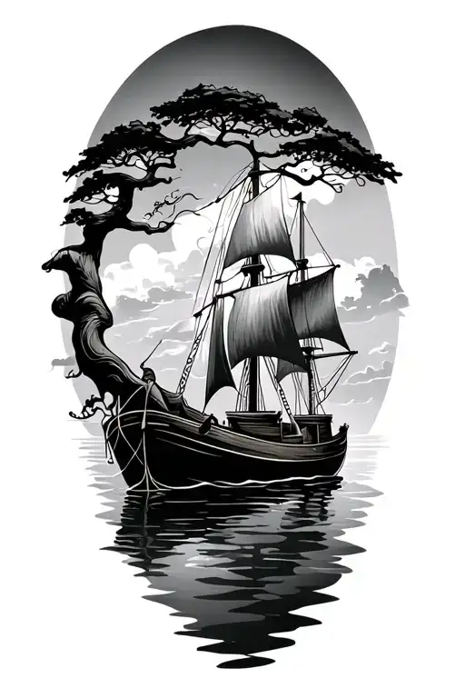 life tree with a sailing boat tattoo design idea