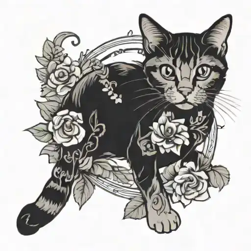 CALICO CAT, BLACK CAT WITH FLOWERS AROUND tattoo design idea