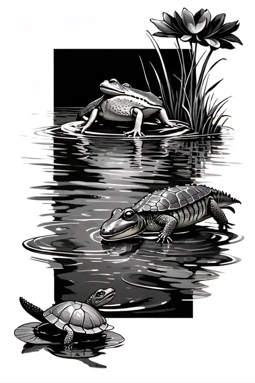  lake scene with frog on Lilly pad, turtle underwater and crocodile at the surface from side on view into the water. tattoo design idea