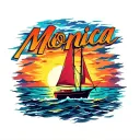 "Monica" on the bottom of image,  one sail Sailboat sunset background, vibrant colors for ocean and sky tattoo design idea