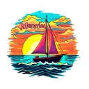 "Monica" on the bottom of image,  one sail Sailboat sunset background, vibrant colors for ocean and sky tattoo design idea