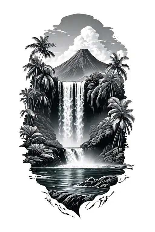 hawaiin waterfall, volcano tattoo design idea