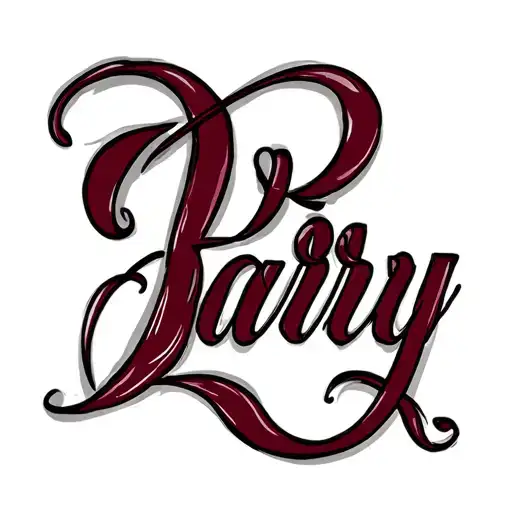 The name ‘Barry’ in elegant cursive script, capital B with soft flowing loops. Deep wine red ink (not bright red). Fine- tattoo design idea