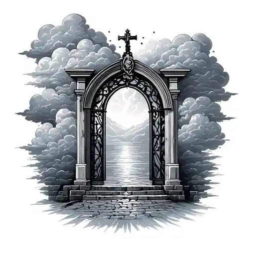 your life was a blessing your memory a treasure with gates and clouds  tattoo design idea