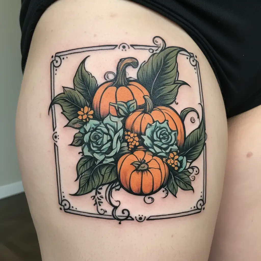 Pumpkins with flower bouquet tattoo design idea