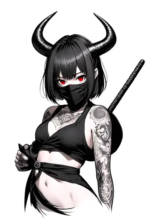 Anime, ninja mask girl, gotic style, short hair with bangs, red eyes and horns tattoo design idea
