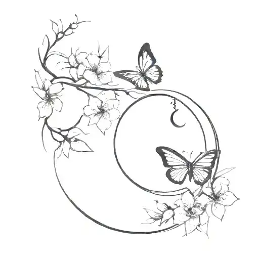 a crescent moon with a bit of cherry blossom....3 small feathers hanging and a 3d butterfly flying next to it tattoo design idea