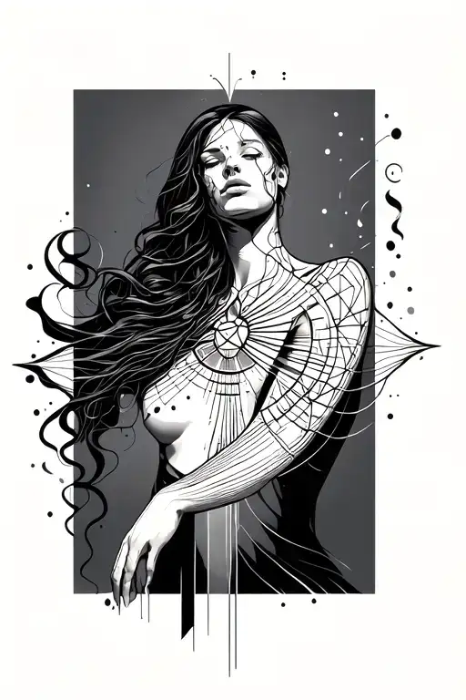 A fine-line sacred geometry tattoo on upper left arm with lines flowing down arm and up neck. tattoo design idea