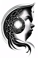 A fine-line sacred geometry tattoo on upper left arm with lines flowing down arm and up neck. tattoo design idea