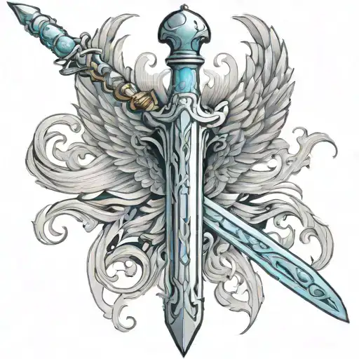 a light blue Excalibur sword with a phoenix wrapped around it  tattoo design idea