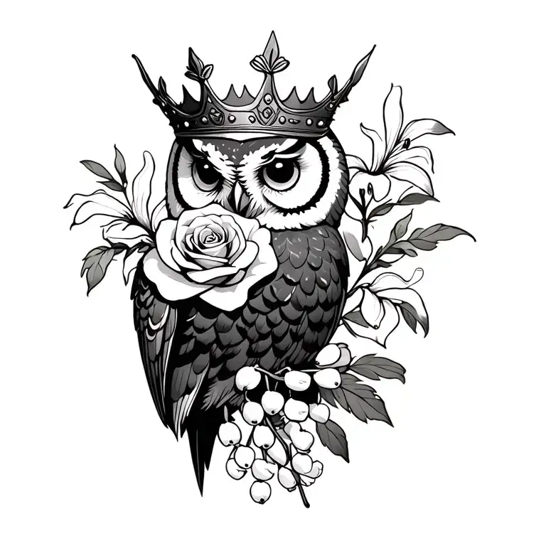 owl with a crown holding a rose and lily of the valley tattoo design idea