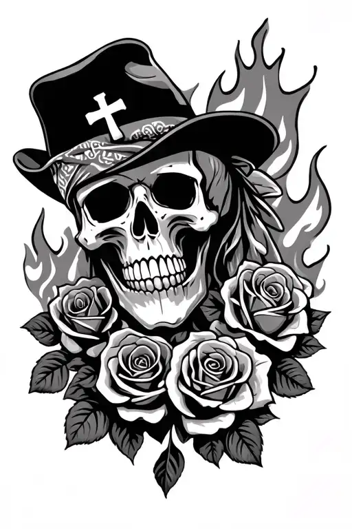 skull and cross gums wearing a hat with hat flipped up bill wearing a bandana on face souroumded by roses on fire tattoo design idea
